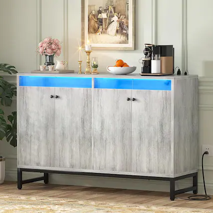 Front. Aheaplus - Sideboard Buffet Cabinet with Power Outlet and LED Light, 4 Doors Storage Cabinet for Dining/Kitchen - Gray Oak.