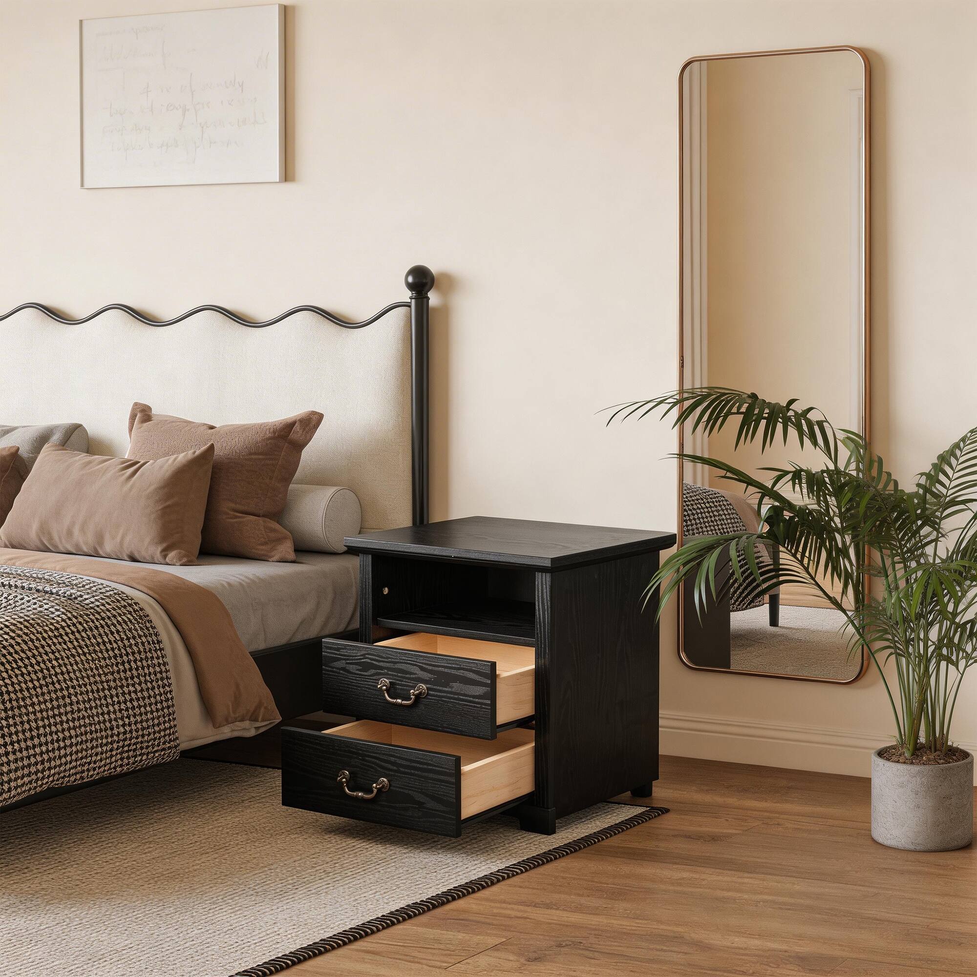 Back. Vaczon - Rustic Black Nightstand Bedside Table with Open Shelf and 2 Drawers - Black.