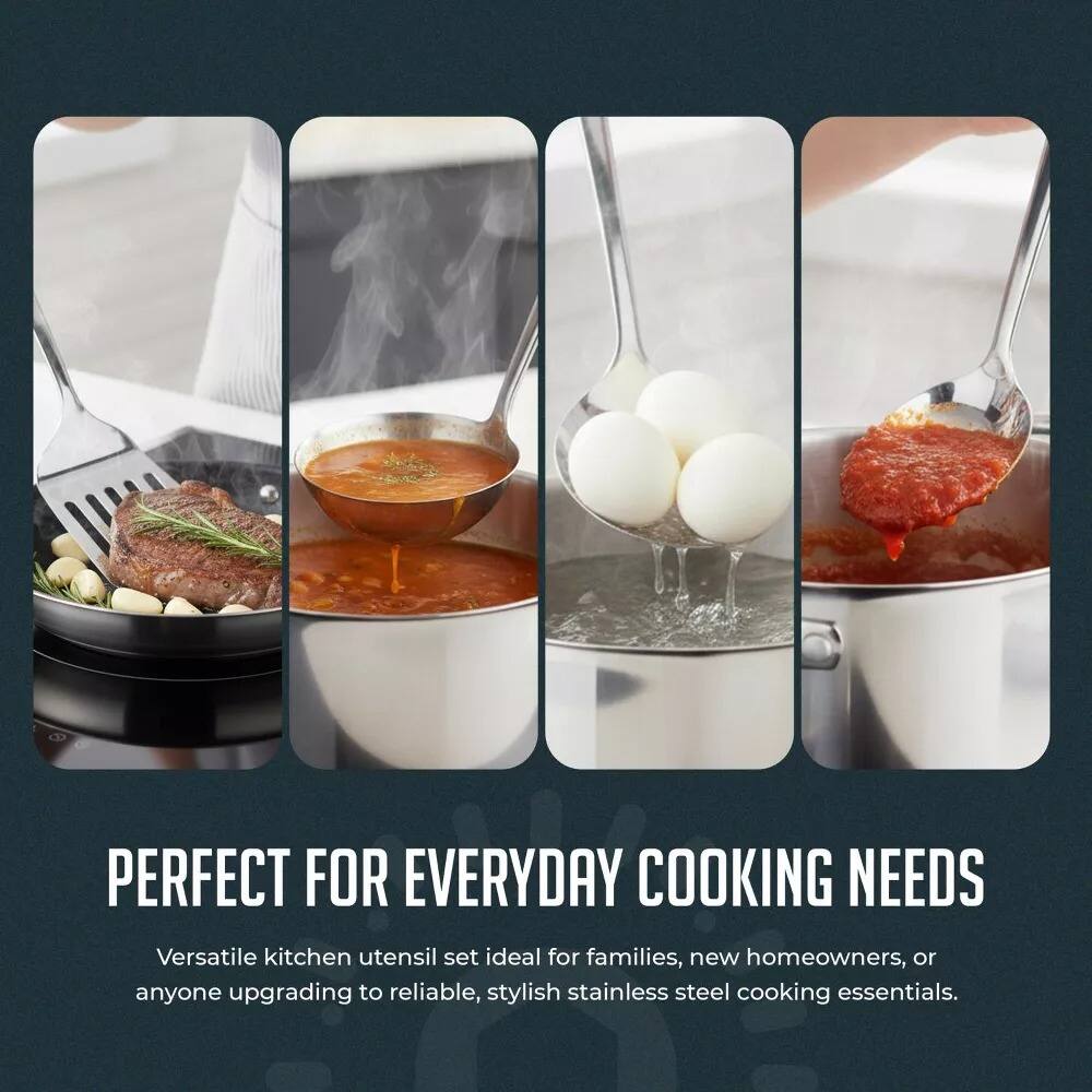 PERFECT FOR EVERYDAY COOKING NEEDS

Versatile kitchen utensil set ideal for families, new homeowners, or anyone upgrading to reliable, stylish stainless steel cooking essentials.