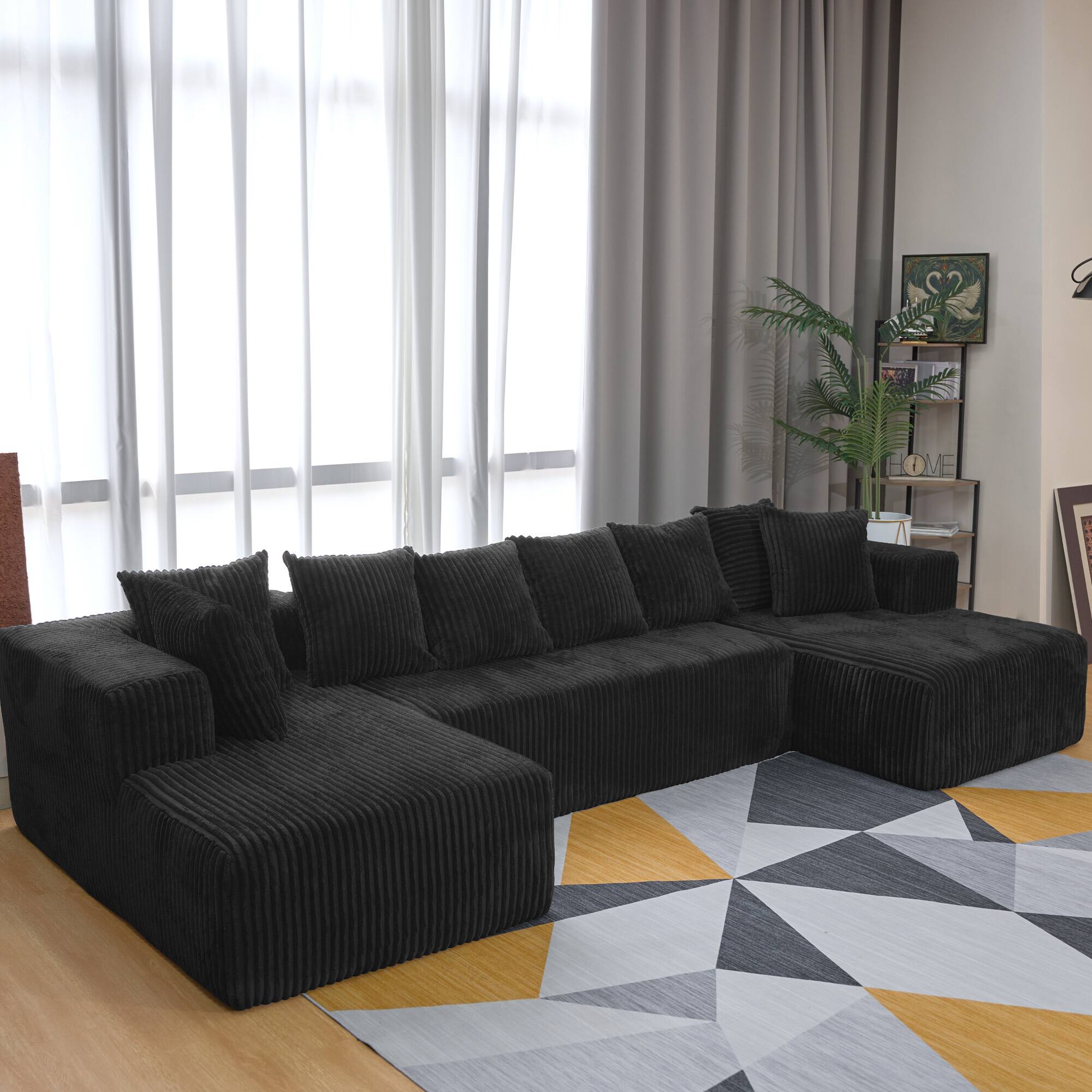 Alt View 2. Meqiodas - 130" Boneless Couch, Cloud Couch Sectional, Corduroy Sofa for Living Room, U Shaped Modular Sofa, No Assembly - Black.