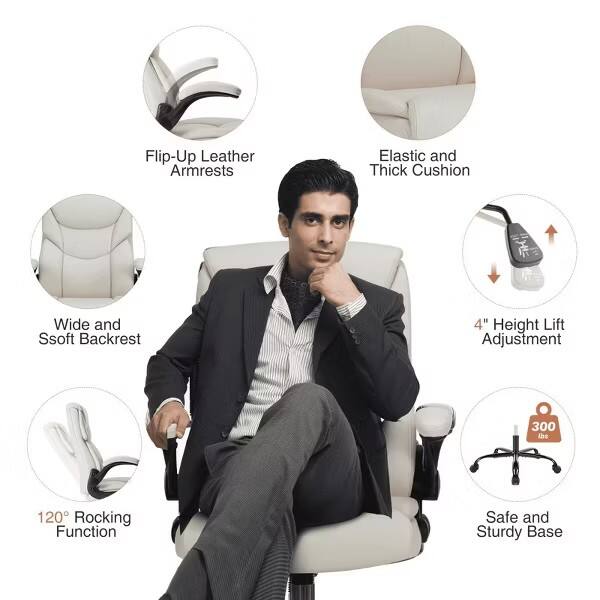 Flip-Up Leather Armrests  
Elastic and Thick Cushion  
Wide and Soft Backrest  
4" Height Lift Adjustment  
120° Rocking Function  
Safe and Sturdy Base  
300 lbs