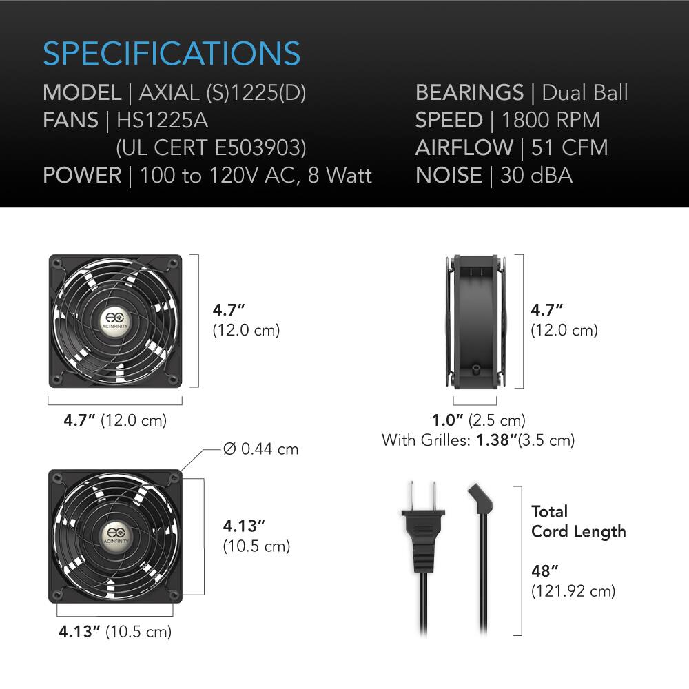 SPECIFICATIONS  
MODEL | AXIAL (S)1225(D)  
FANS | HS1225A (UL CERT E503903)  
POWER | 100 to 120V AC, 8 Watt  
BEARINGS | Dual Ball  
SPEED | 1800 RPM  
AIRFLOW | 51 CFM  
NOISE | 30 dBA  

4.7" (12.0 cm)  
4.7" (12.0 cm)  
4.7" (12.0 cm)  
Ø 0.44 cm  
1.0" (2.5 cm) With Grilles: 1.38"(3.5 cm)  
4.13" (10.5 cm)  
4.13" (10.5 cm)  
Total Cord Length 48" (121.92 cm)
