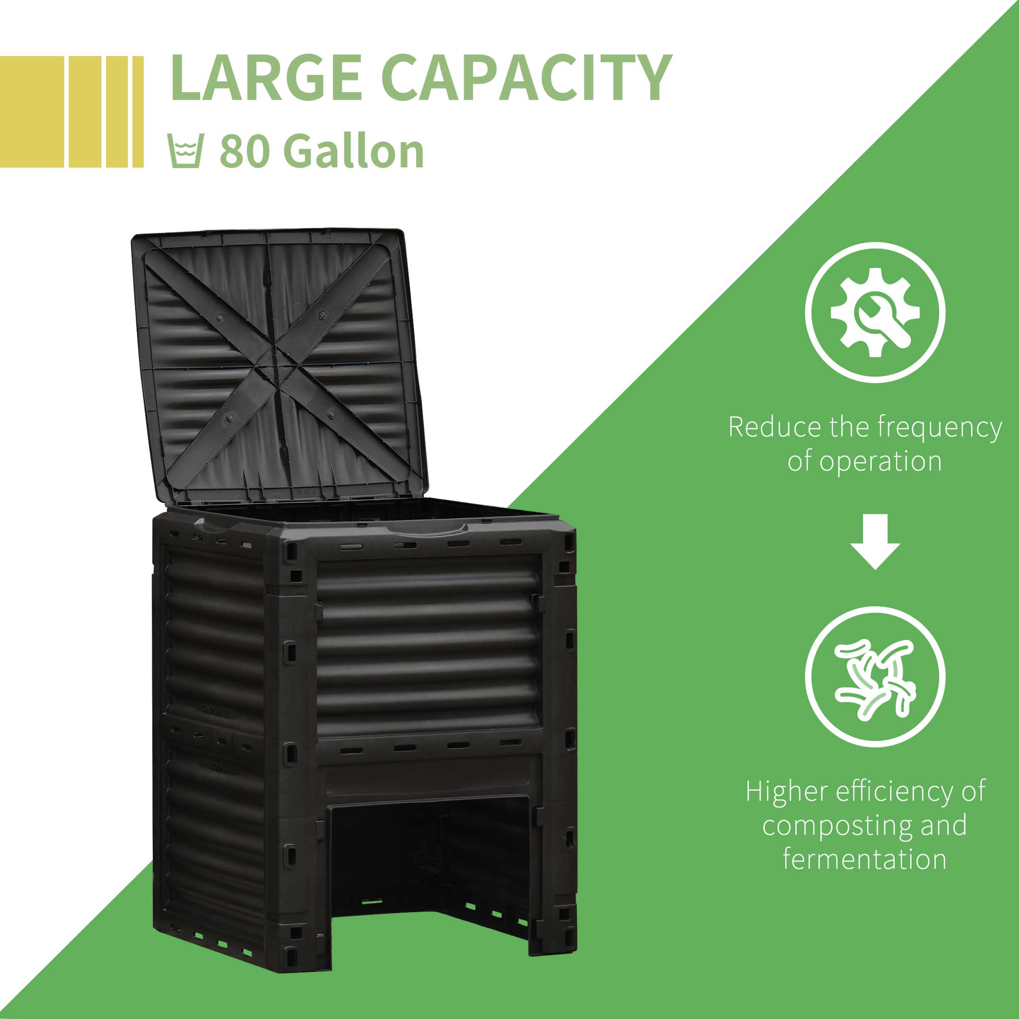 LARGE CAPACITY  
80 Gallon  

Reduce the frequency of operation  

Higher efficiency of composting and fermentation