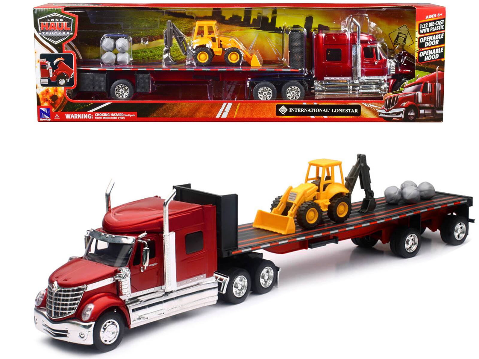 LONG HAUL TRUCK  
AGES 8+  
1:32 DIE-CAST WITH PLASTIC  
OPENABLE DOOR  
OPENABLE HOOD  
CHOKING HAZARD - Small parts. Not for children under 3 years.  
INTERNATIONAL LONESTAR