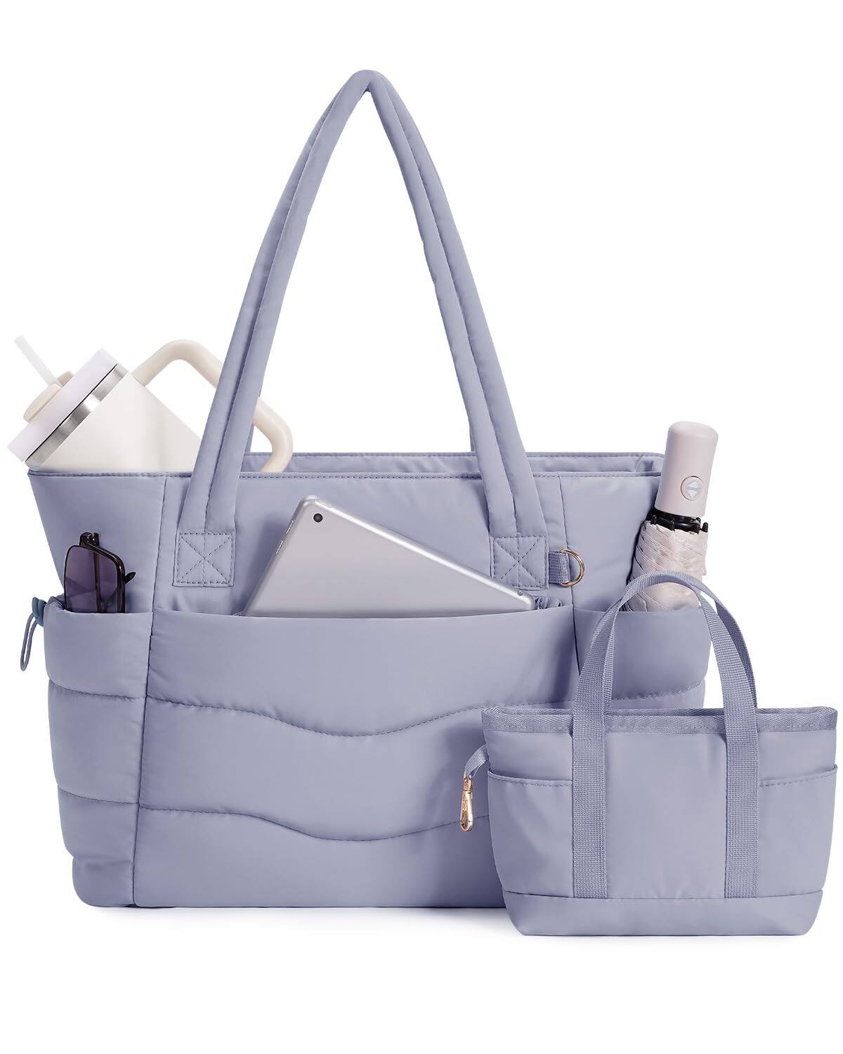 DORLUKFU - Work Tote Bag with Cup Holder, Nurse Bag 2 Set, 15.6" Laptop Compartment & Trolley Sleeve for Women, Travel - Blue