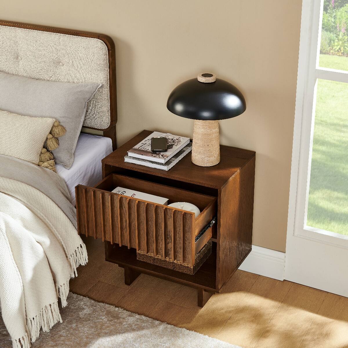 Alt View 3. Loheer - Loheer Walnut Nightstand, Mid Century Modern Design with Hidden Charging Station and Open Shelf - Walnut.