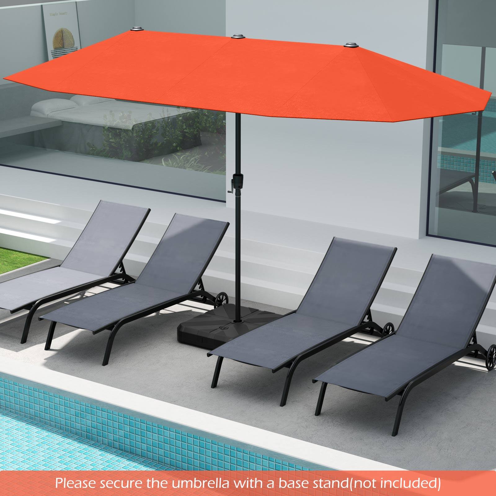 Please secure the umbrella with a base stand (not included)