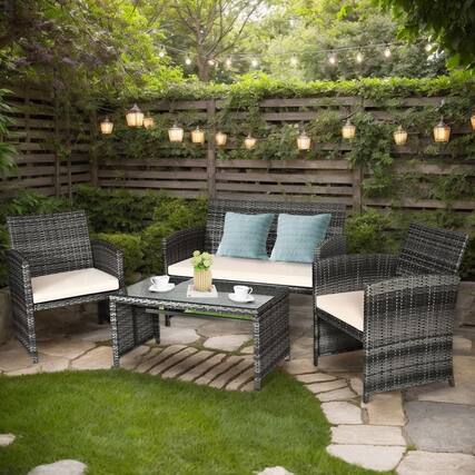 Front. Kadyn - Patio Furniture Set 4 Pieces Outdoor Rattan Chair Wicker Sofa Garden Conversation Bistro Sets for Yard Pool or Backyard - Black.