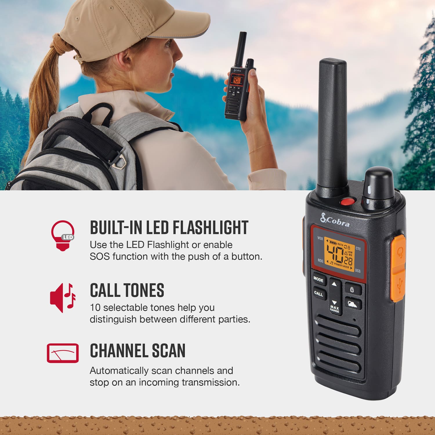 The text on the image describes a radio or walkie-talkie with various features, such as a built-in LED flashlight, SOS function, call tones, and channel scan. The radio also has a backlit display and a weather alert function. The woman in the image is holding the radio, possibly demonstrating its use or showcasing its features.