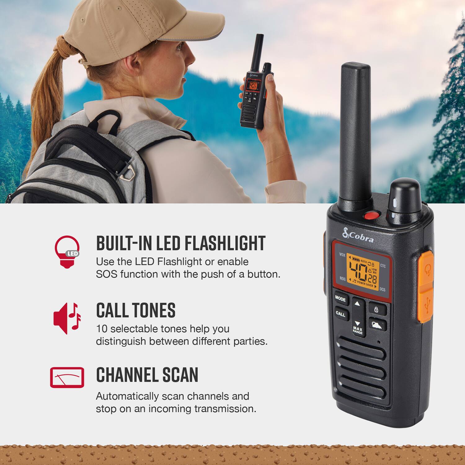 The text on the image describes a radio or walkie-talkie with various features, such as a built-in LED flashlight, SOS function, call tones, and channel scan. The radio also has a backlit display and a weather alert function. The woman in the image is holding the radio, possibly demonstrating its use or showcasing its features.