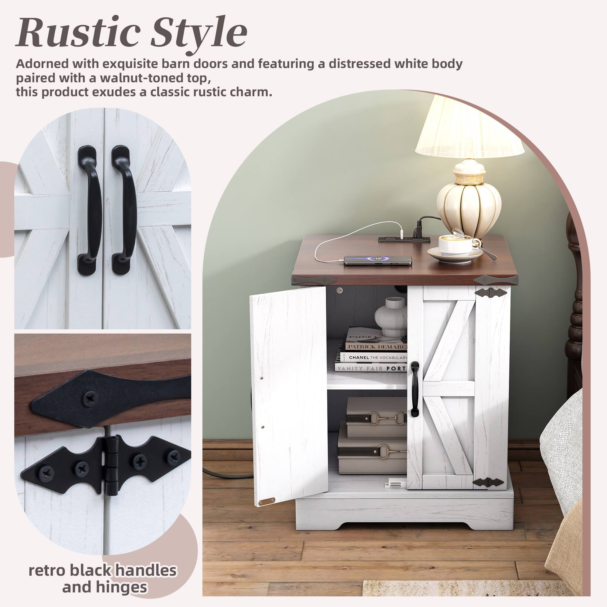 Rustic Style

Adorned with exquisite barn doors and featuring a distressed white body paired with a walnut-toned top, this product exudes a classic rustic charm.

retro black handles and hinges