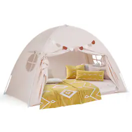 Gymax - Twin Full Size Bed Tent w/2 Windows Flags for Boys & Girls Aged 3+ Years Old - Beige