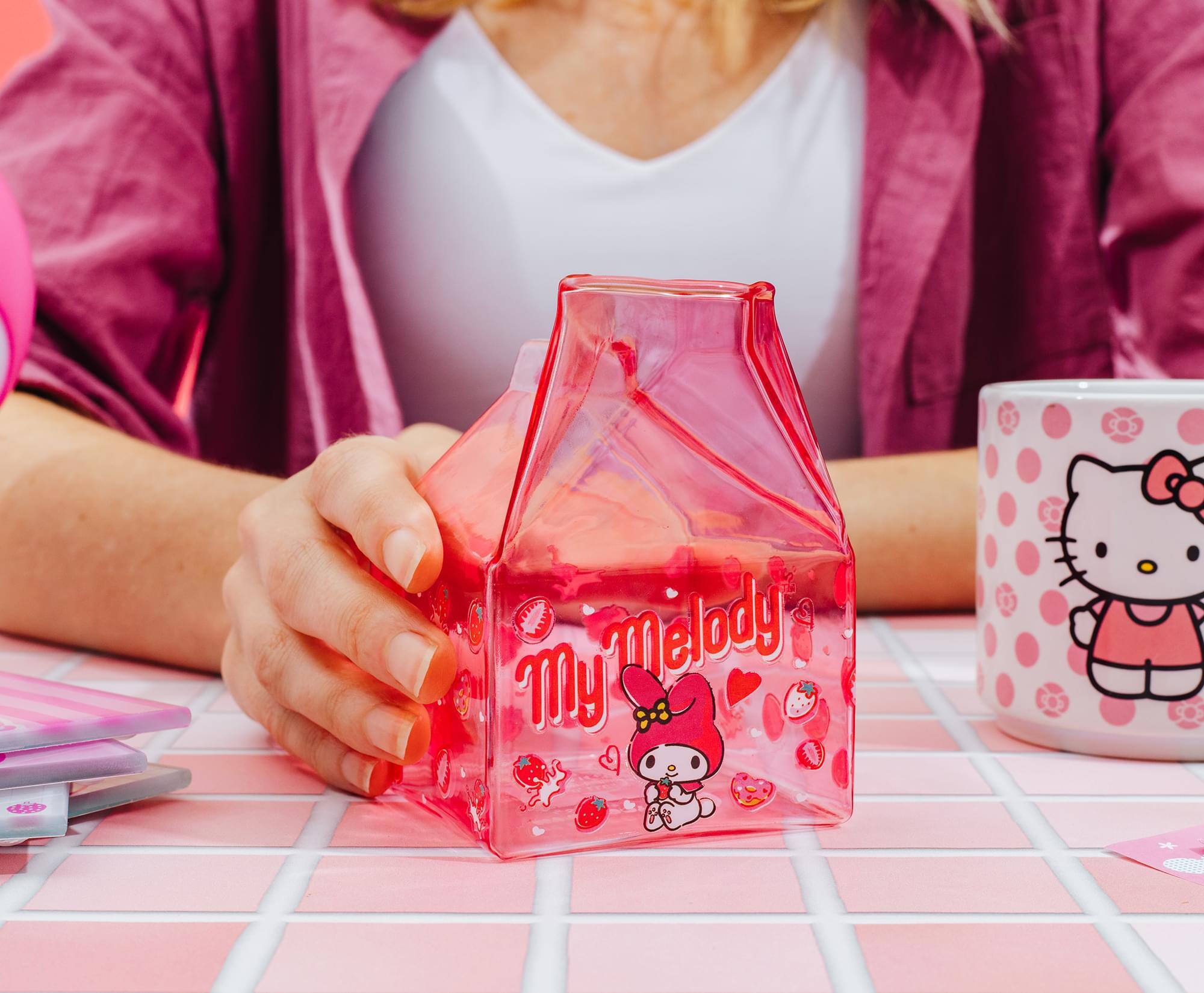 Alt View 3. Silver Buffalo - Sanrio My Melody Strawberry Glass Milk Carton | Holds 12 Ounces - Multi-Colored.