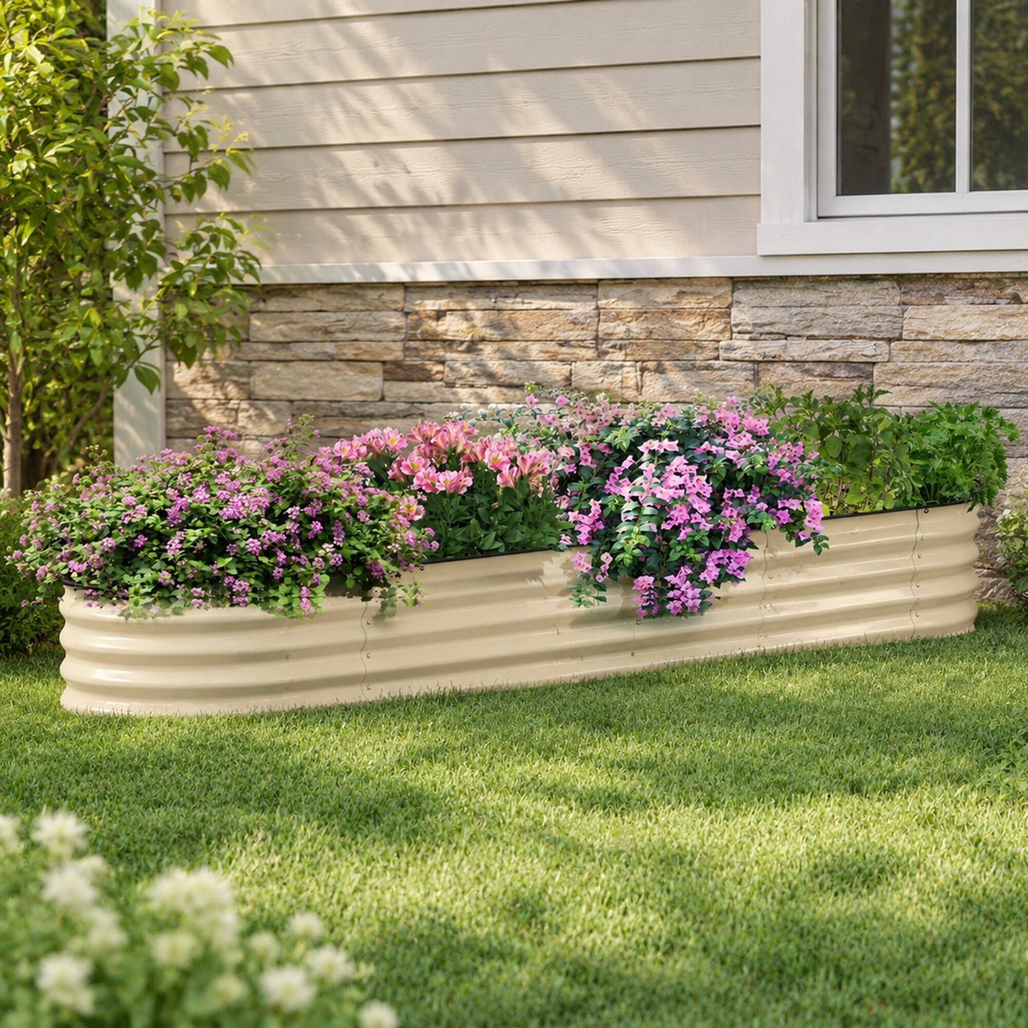 Angle. RYHNUYNE - Galvanized Raised Garden Bed Kit 7.9' x 2' x 1' Metal Planter Box with Safety Edging for Vegetables Flowers Herbs - White.