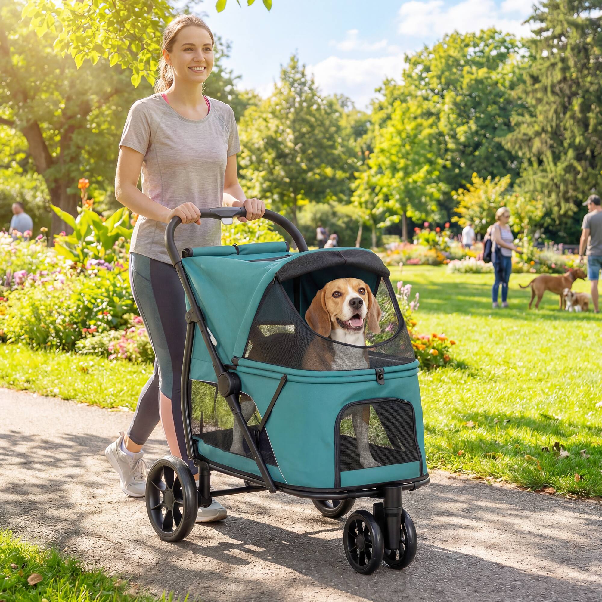 Alt View 1. Pawhut - Wheel Pet Stroller with Easy One-Click Quick Fold, Mesh Window, Washable Cushion, for Medium Dogs - Dark Green.