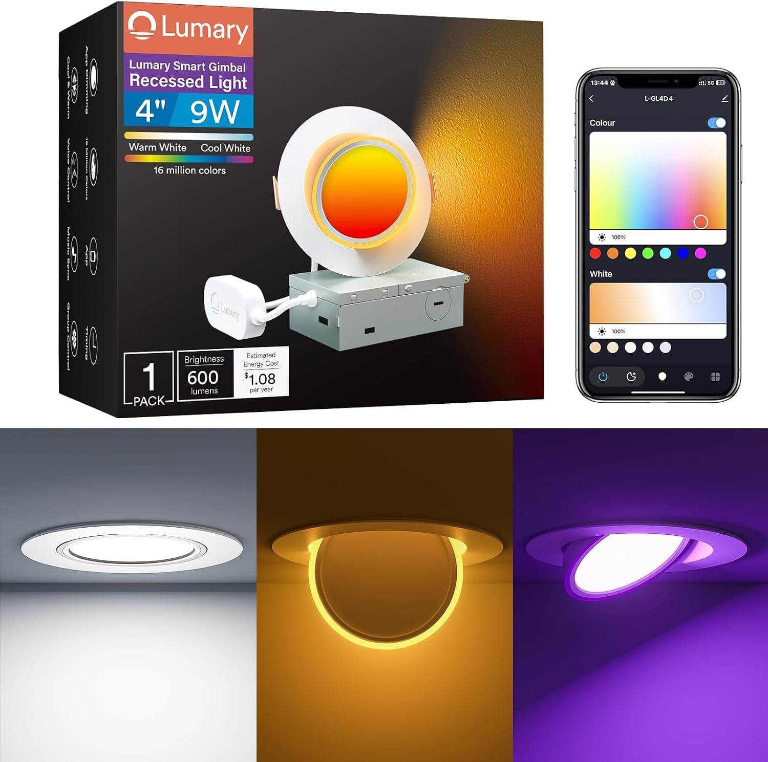 "Lumary - 4"" Smart Recessed Lighting Ultra with 2200K Night Light 270°+ 90°Adjustable, RGB Main Light App/Voice Control 1 Pack - White" price history on PriceWatchPro