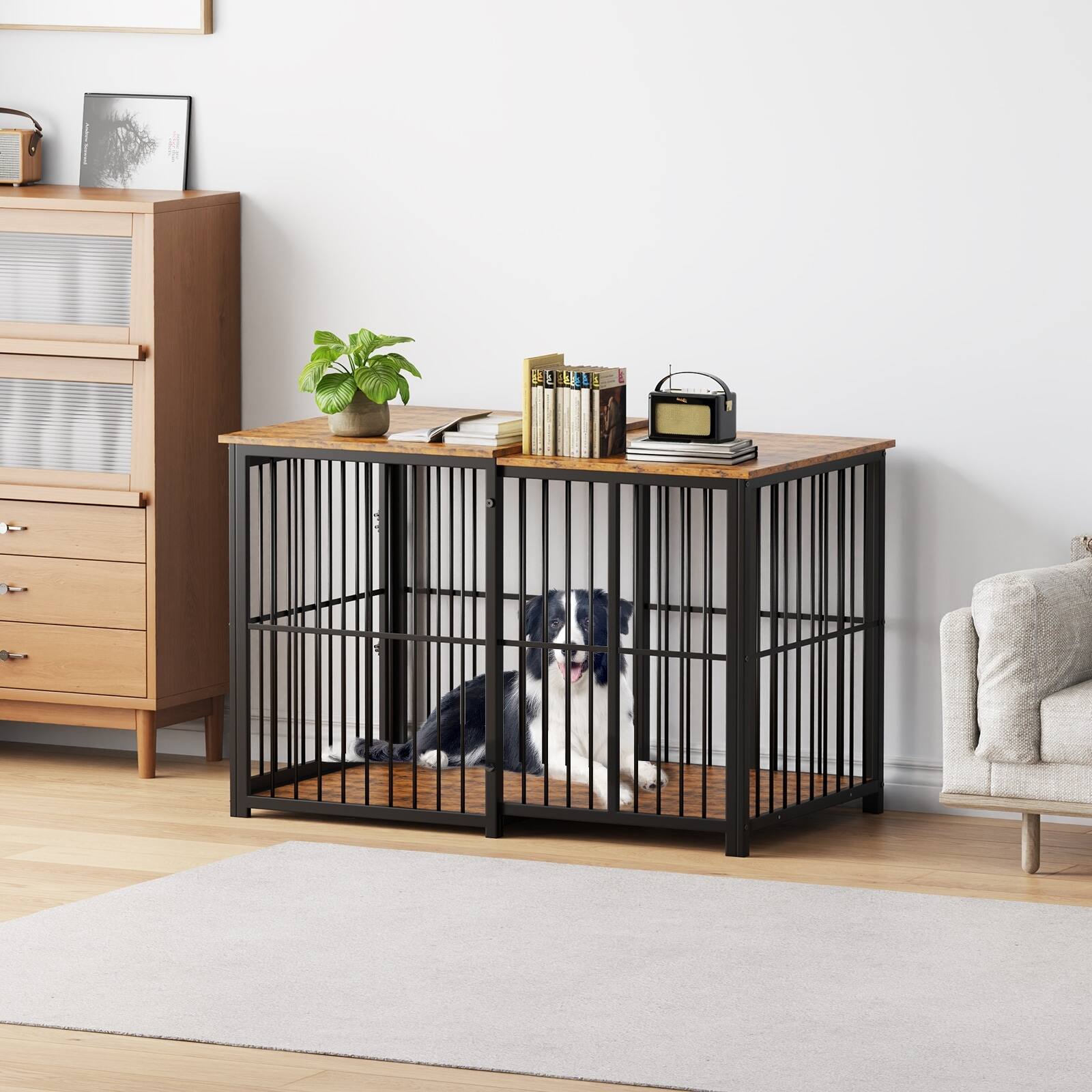 U-HOMY - Adjustable Wooden Dog Crate Furniture with Cushion, Lockable Indoor Kennel End Table for Small to Large Dogs