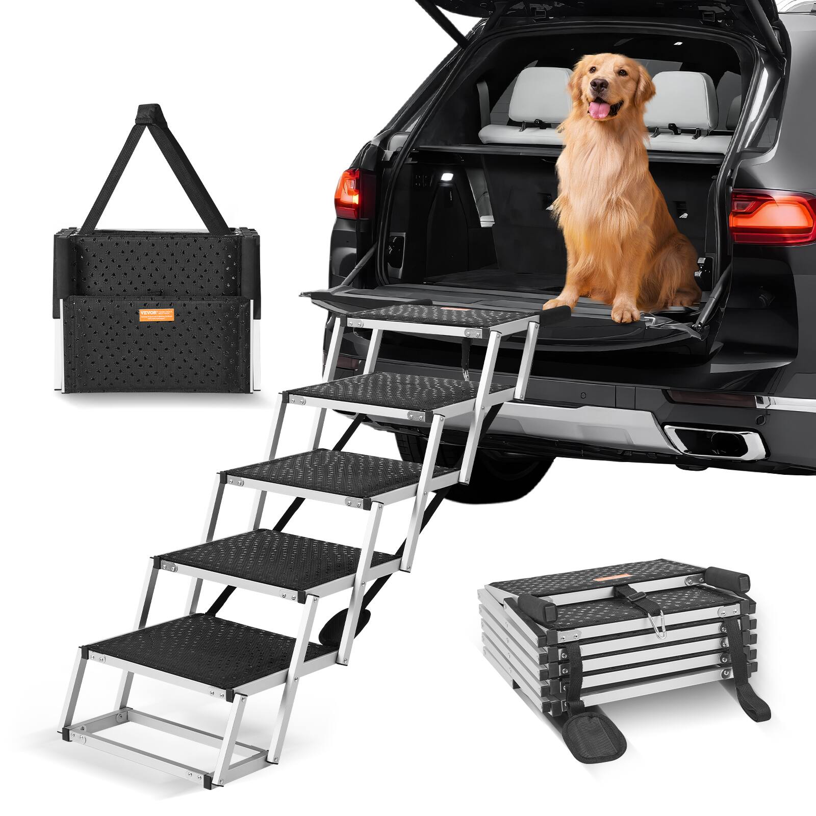 Front. VEVOR - Dog Stair for Cars, Wide 5-step Dog Car Steps, Folding Dog Car Ramp with Nonslip Surface, Supports up to 150 lbs - Black.