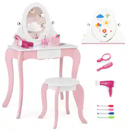 Gymax - Pretend Kids Vanity Set Makeup Dressing Table 2-in-1 Mirror & Whiteboard - Pink