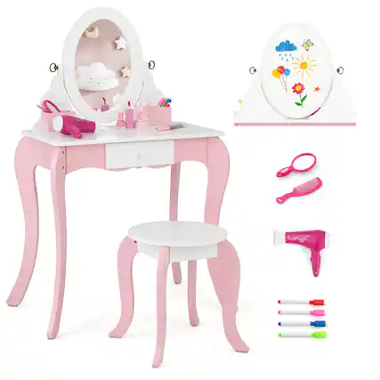 Front. Gymax - Gymax Pretend Kids Vanity Set Makeup Dressing Table 2-in-1 Mirror & Whiteboard - Pink.