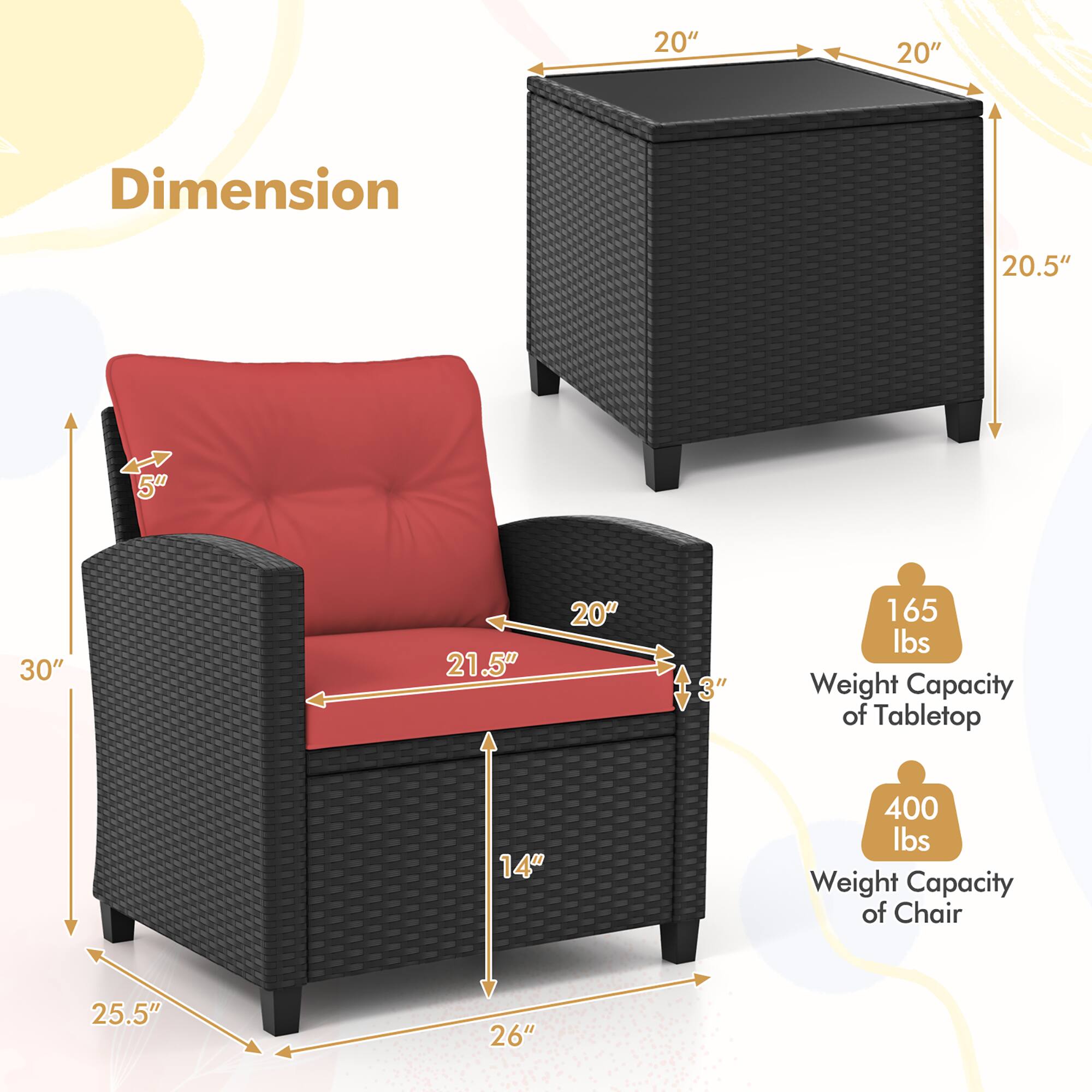 The text on the image reads:

Dimension: 20" x 20"

Weight Capacity of Tabletop: 165 lbs

Weight Capacity of Chair: 400 lbs

The dimensions of the chair are 25.5" x 26".