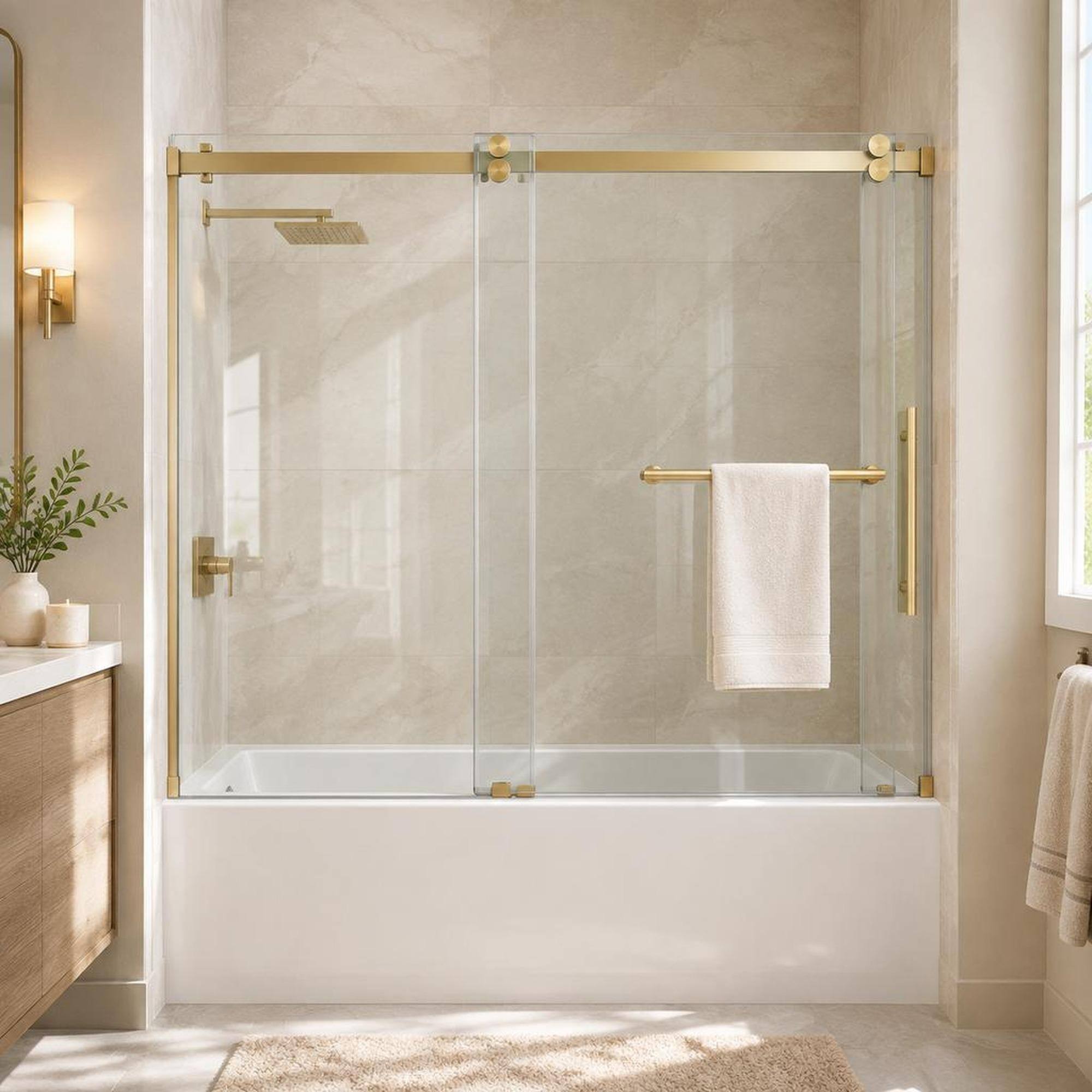 Alt View 2. RYHNUYNE - 56-60" W X 60" H Frameless Sliding Tub Shower Door Enclosure With 5/16" Tempered Glass, Brushed Gold Hardware - Brushed Gold.