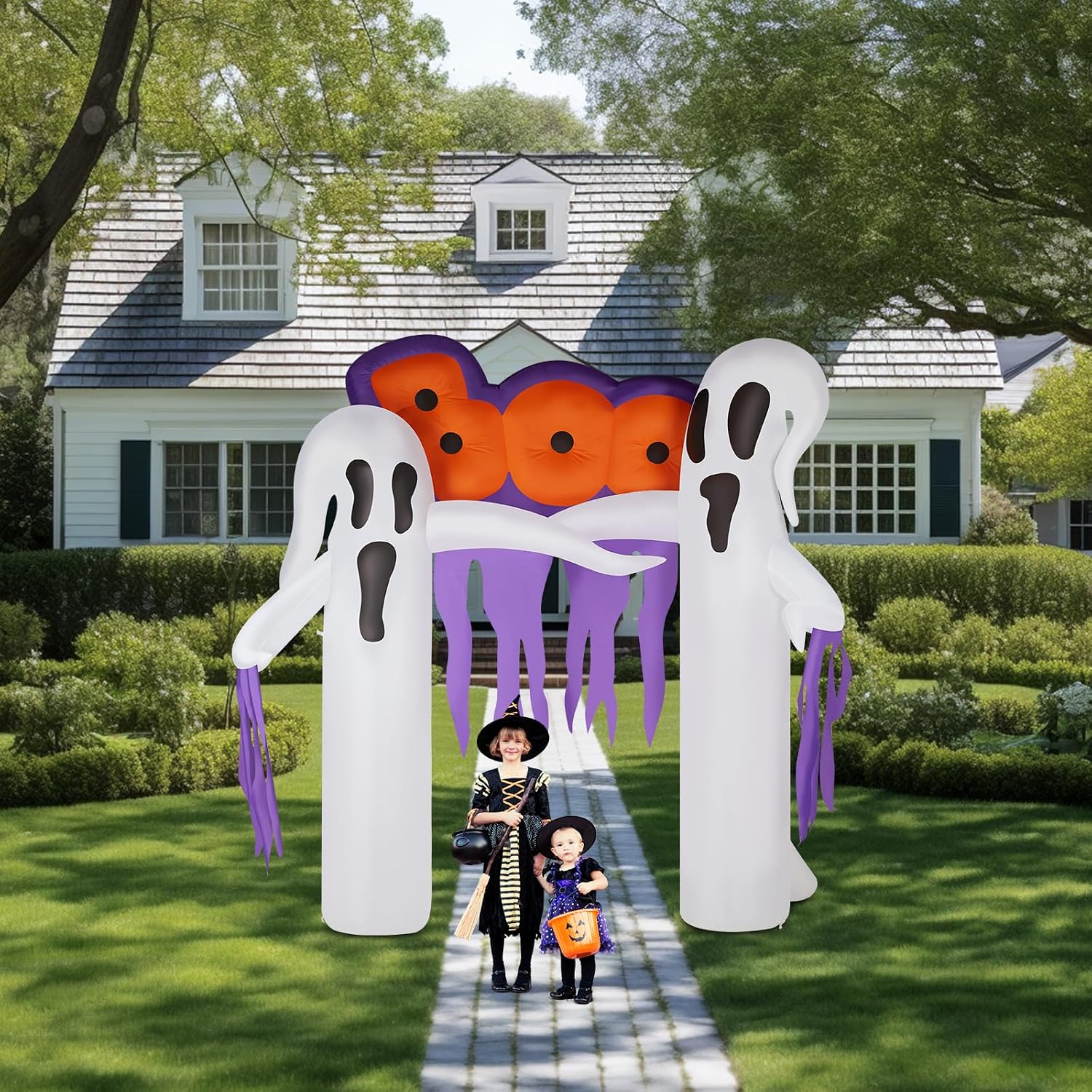 Alt View 4. Winado - 10FT Halloween Inflatable Ghost with Pumpkin Arch Decoration, Build-in LED Light Holiday Blow Up for Outdoor Indoor Lawn - White & Purple.