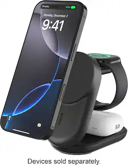 Belkin - 3-in-1 Foldable Magnetic Charging Stand, 25W Qi2, MagSafe compatible, charge iPhone, compact travel-friendly design - Black