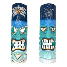 Chesapeake Bay - Set of 2 - 20" Green Tiki Masks Wood Wall Decor Indoor/Outdoor Accent - Blue