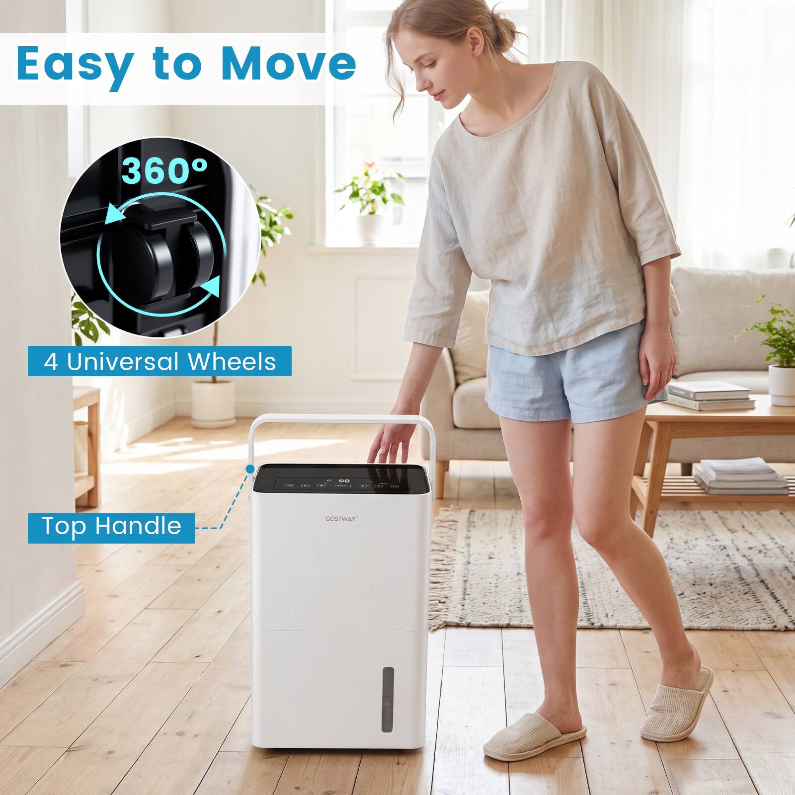 Easy to Move  
360°  
4 Universal Wheels  
Top Handle  
COSTWAY