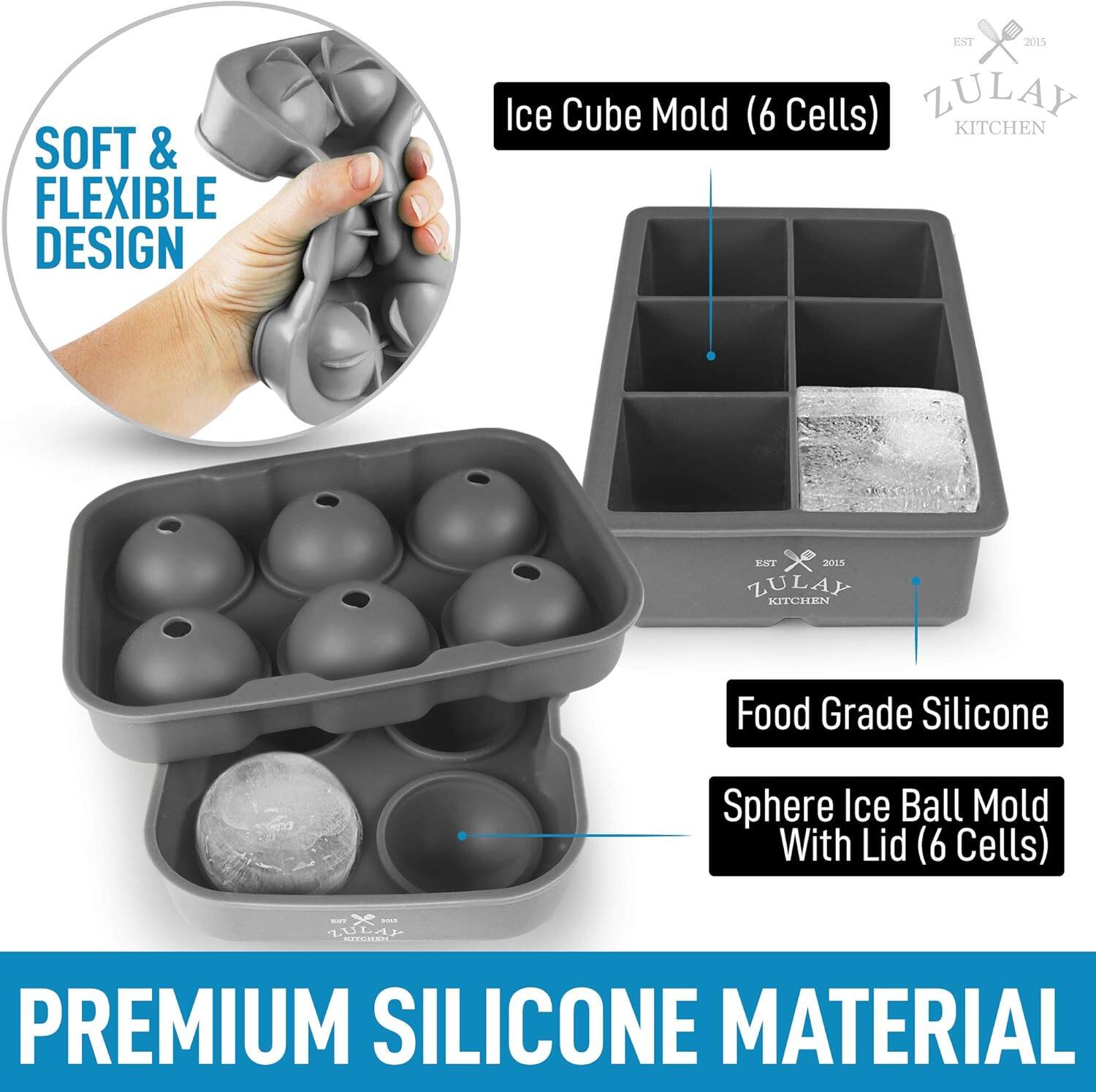 SOFT & FLEXIBLE DESIGN

Ice Cube Mold (6 Cells)

Food Grade Silicone Sphere Ice Ball Mold With Lid (6 Cells)

PREMIUM SILICONE MATERIAL

ZULAY KITCHEN EST 2015