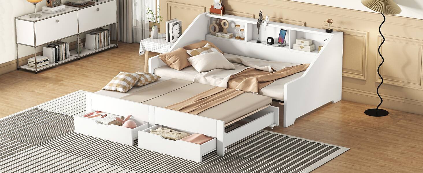 Alt View 4. Tiramisubest - Twin to King Size Daybed Frame with Storage Bookcases and Two Drawers,Charging Design,White - White.