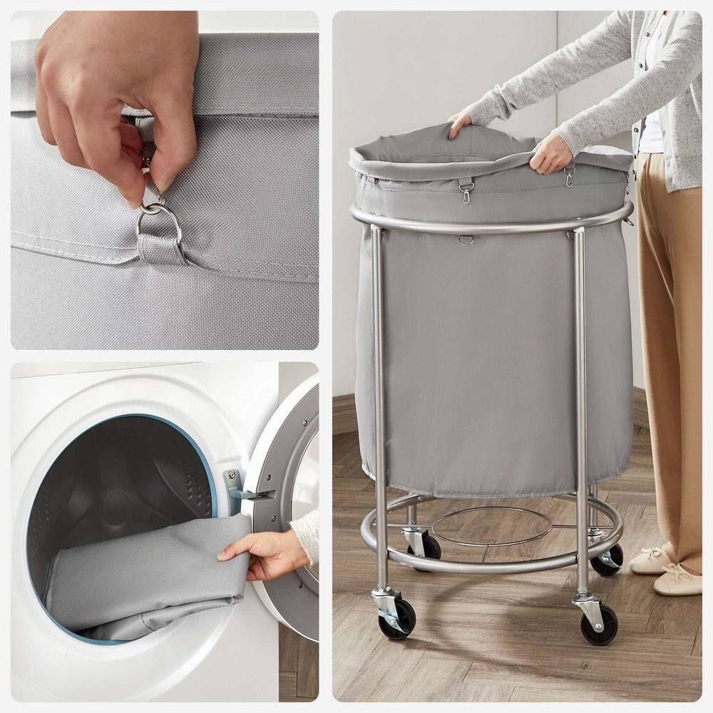 Back. Hivvago - Round 45-Gallon Laundry Basket Hamper with Grey Fabric Bag Steel Frame on Wheels - Grey, Silver.