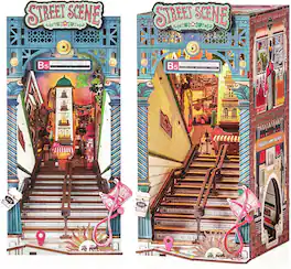 Robotime - Rolife Book Nook Kits DIY 3D Wooden Puzzle for Adults 10" Subway Urban Street Scene Decorative Bookends Bookshelf Insert - Brown