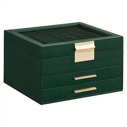 Front. Songmics Home - 3-Layer Jewelry Box Organizer with 2 Drawer in Forest Green and Gold - Green.