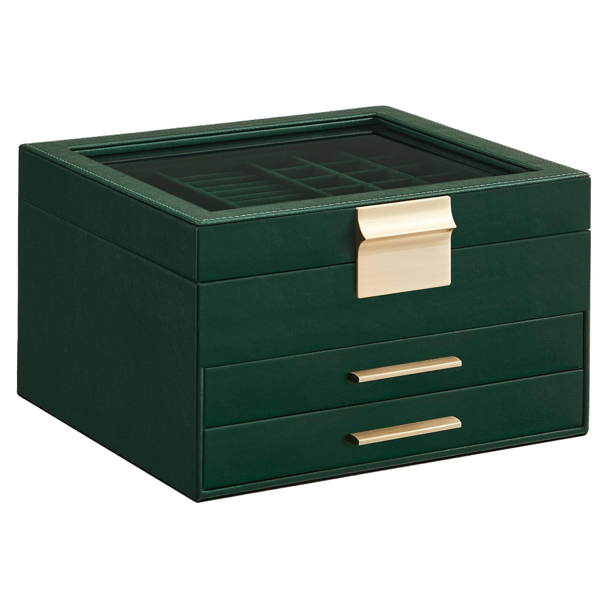Front. Songmics Home - 3-Layer Jewelry Box Organizer with 2 Drawer in Forest Green and Gold - Green.