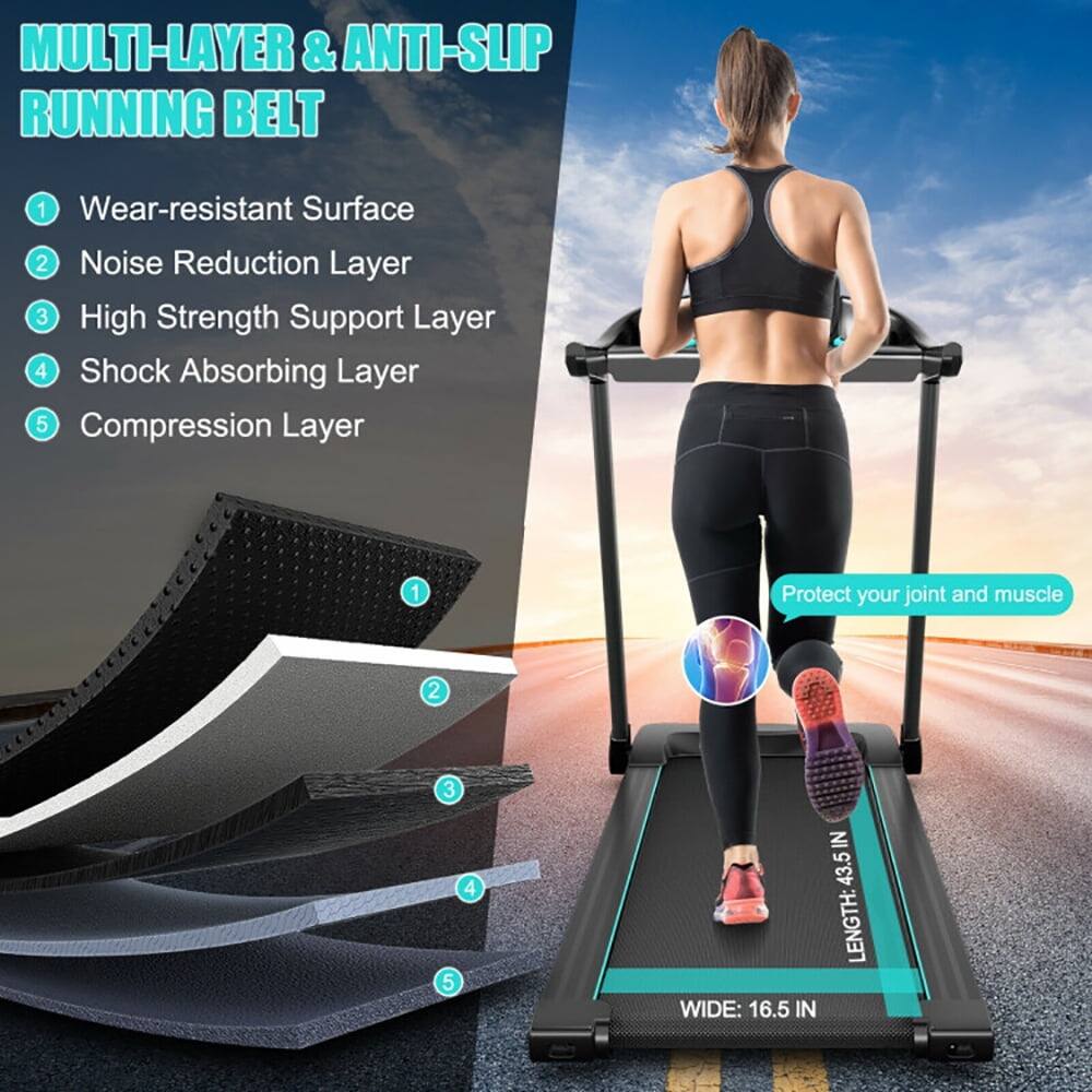 MULTI-LAYER & ANTI-SLIP RUNNING BELT

1. Wear-resistant Surface
2. Noise Reduction Layer
3. High Strength Support Layer
4. Shock Absorbing Layer
5. Compression Layer

Protect your joint and muscle

LENGTH: 43.5 IN
WIDE: 16.5 IN
