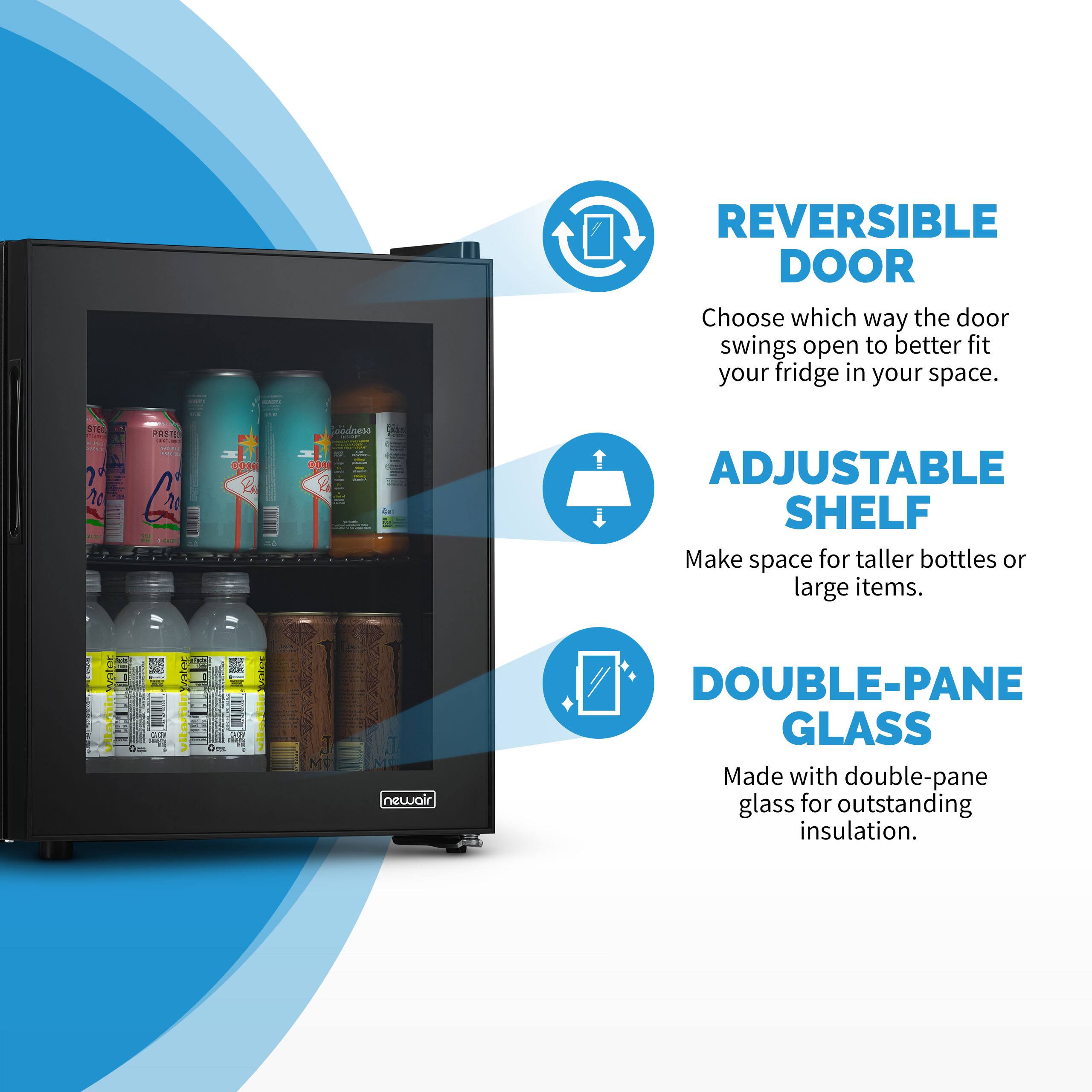 Reversible Door: Choose which way the door swings open to better fit your fridge in your space.
Adjustable Shelf: Make space for taller bottles or large items.
Double-Pane Glass: Made with double-pane glass for outstanding insulation.