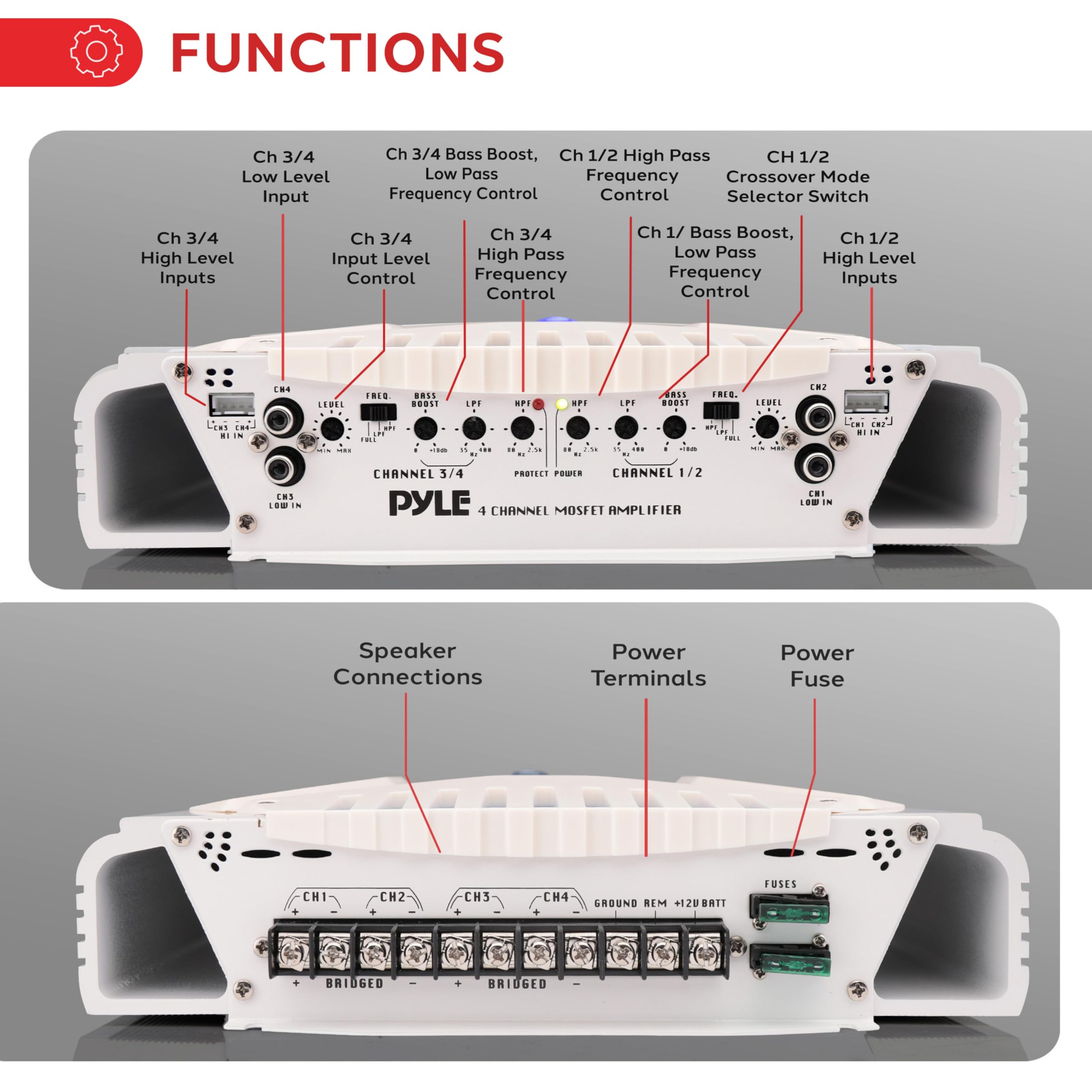 FUNCTIONS

- Ch 3/4 Low Level Input
- Ch 3/4 Bass Boost, Low Pass Frequency Control
- Ch 3/4 High Level Inputs
- Ch 3/4 Input Level Control
- Ch 3/4 High Pass Frequency Control
- Ch 1/2 High Pass Frequency Control
- Ch 1/2 Crossover Mode Selector Switch
- Ch 1/2 Bass Boost, Low Pass Frequency Control
- Ch 1/2 High Level Inputs

Speaker Connections
- Power Terminals
- Power Fuse

CHANNEL 3/4
- PROTECT
- MOSFET AMPLIFIER

CHANNEL 1/2
- PROTECT
- MOSFET AMPLIFIER

GROUND REM +12V BATT
- FUSES
- BRIDGED