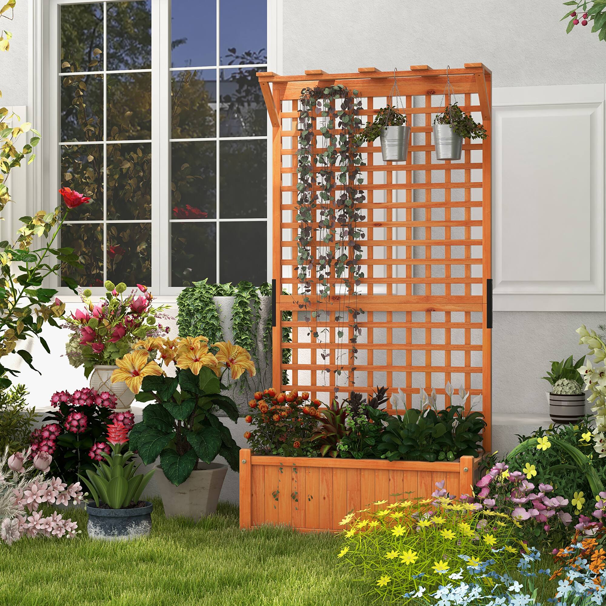 Alt View 1. Gymax - Gymax Wooden Planter Raised Garden Bed w/ Planter Box & Trellis Indoor & Outdoor - Natural.