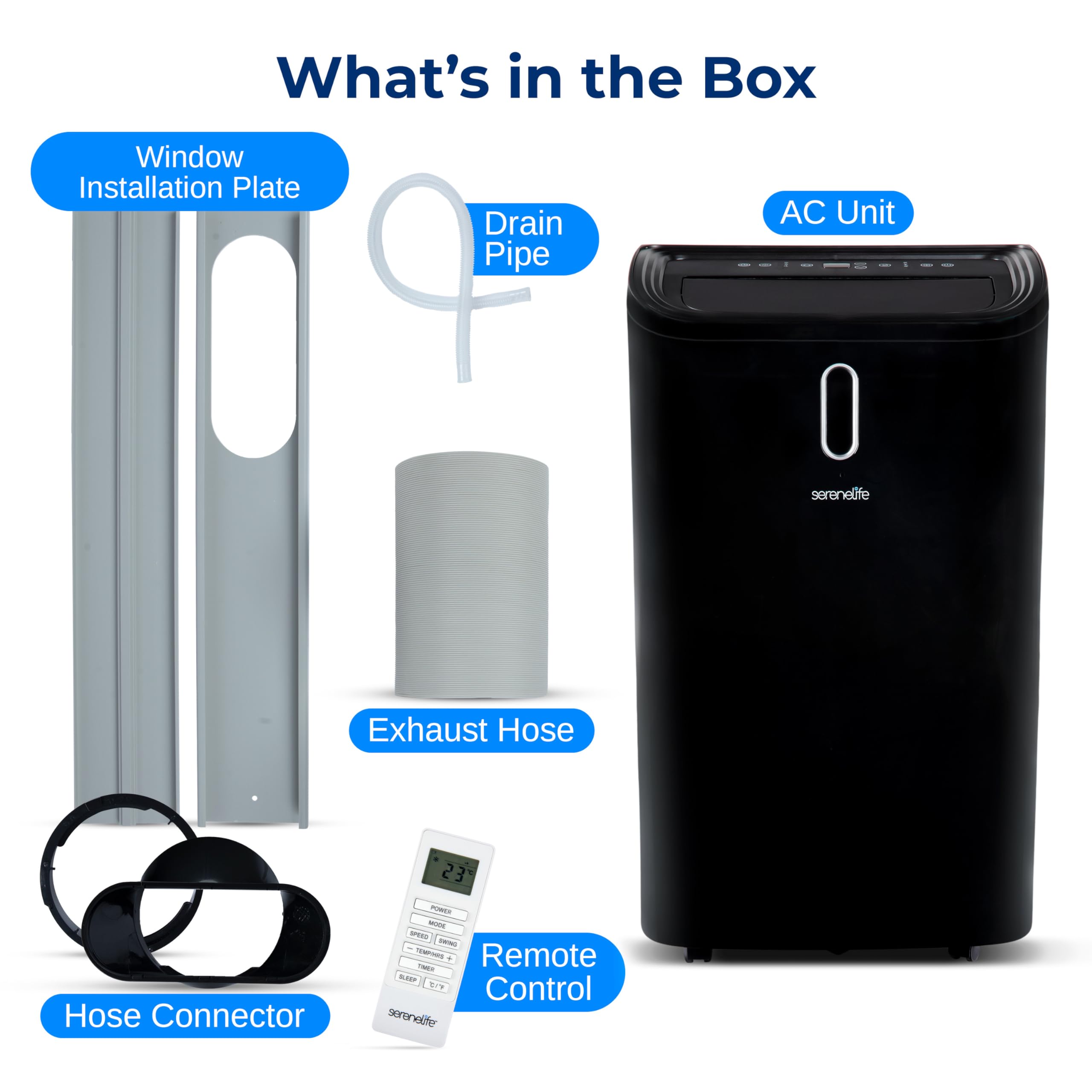 What's in the Box

- Window Installation Plate
- Drain Pipe
- AC Unit
- Exhaust Hose
- Hose Connector
- Remote Control