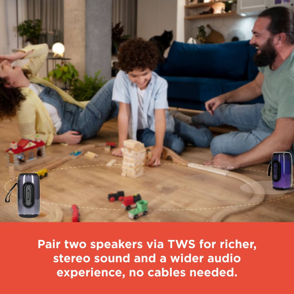 Pair two speakers via TWS for richer, stereo sound and a wider audio experience, no cables needed.