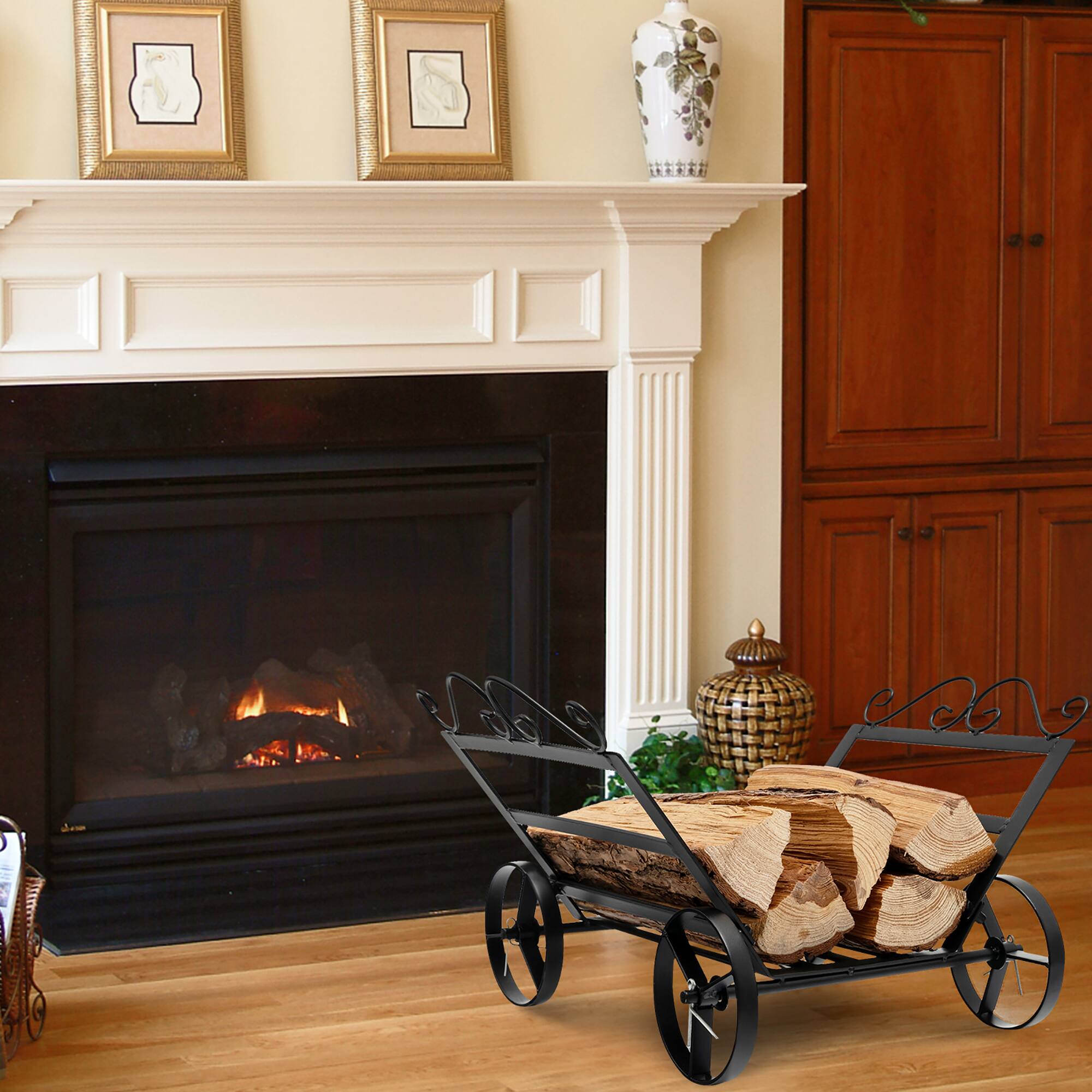 Alt View 2. Costway - Costway Firewood Storage Rack Steel Fireplace Log Holder w/ Wheels - Black.