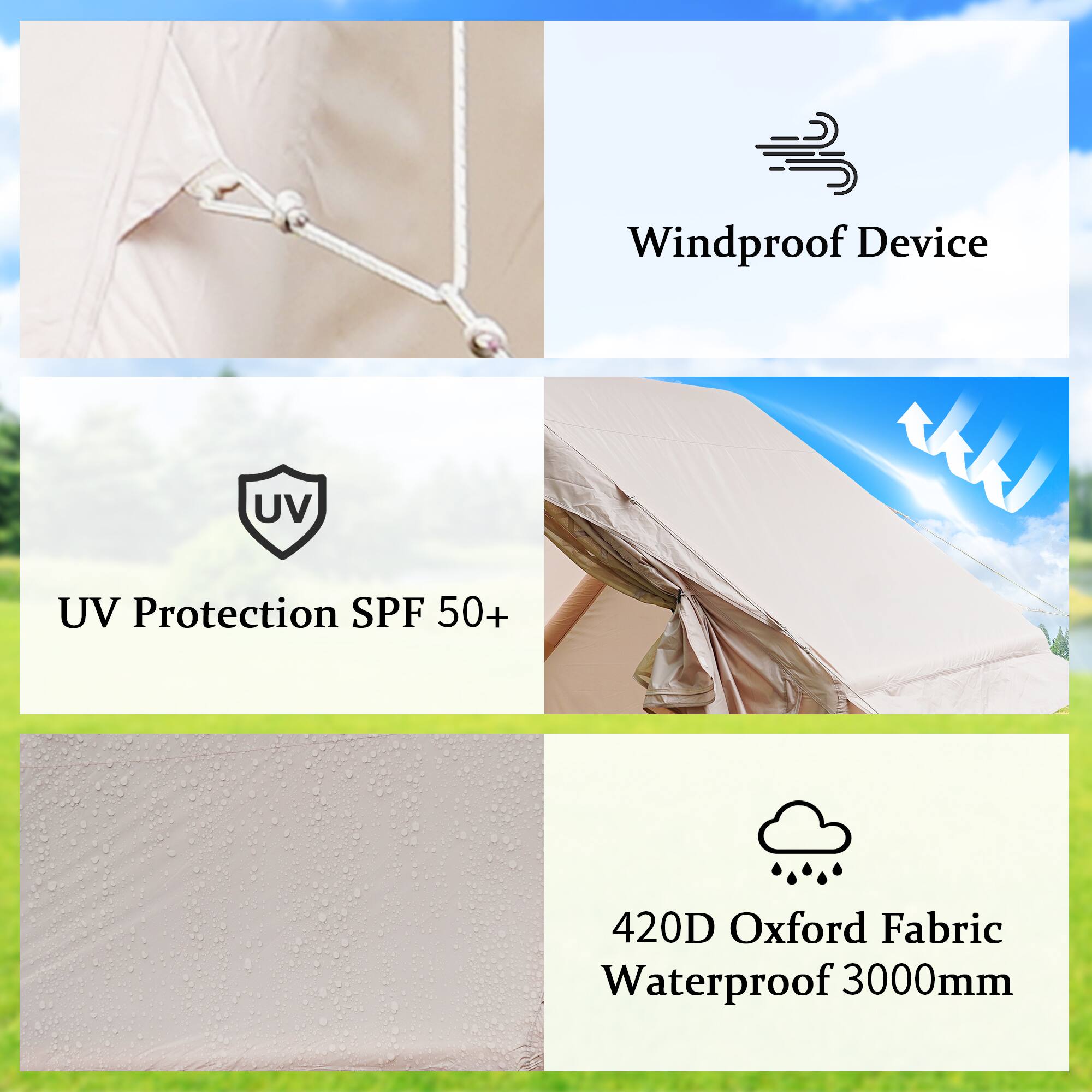 - Windproof Device
- UV Protection SPF 50+
- 420D Oxford Fabric Waterproof 3000mm