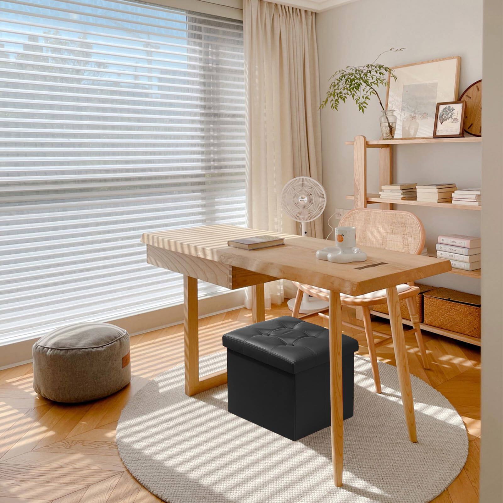 Alt View 3. JETRANSPORT - Storage Ottoman Folding Foot Rest Stool Leather Footstool Bench Short Store Books (black-2pc - Beige 1 Pack 16"*12"*12"with side pockets.