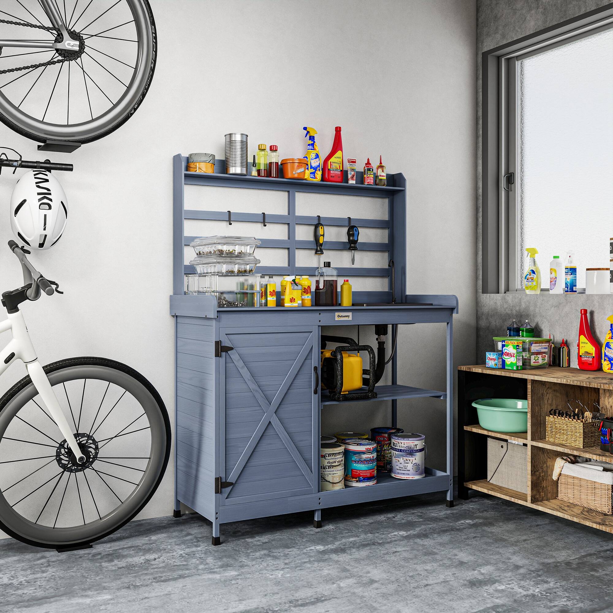 Alt View 8. Outsunny - Outdoor Wooden Potting Bench Table with Sink and Water Tap, Garden Workstation with Storage Cabinet, Storage Shelves - Gray.