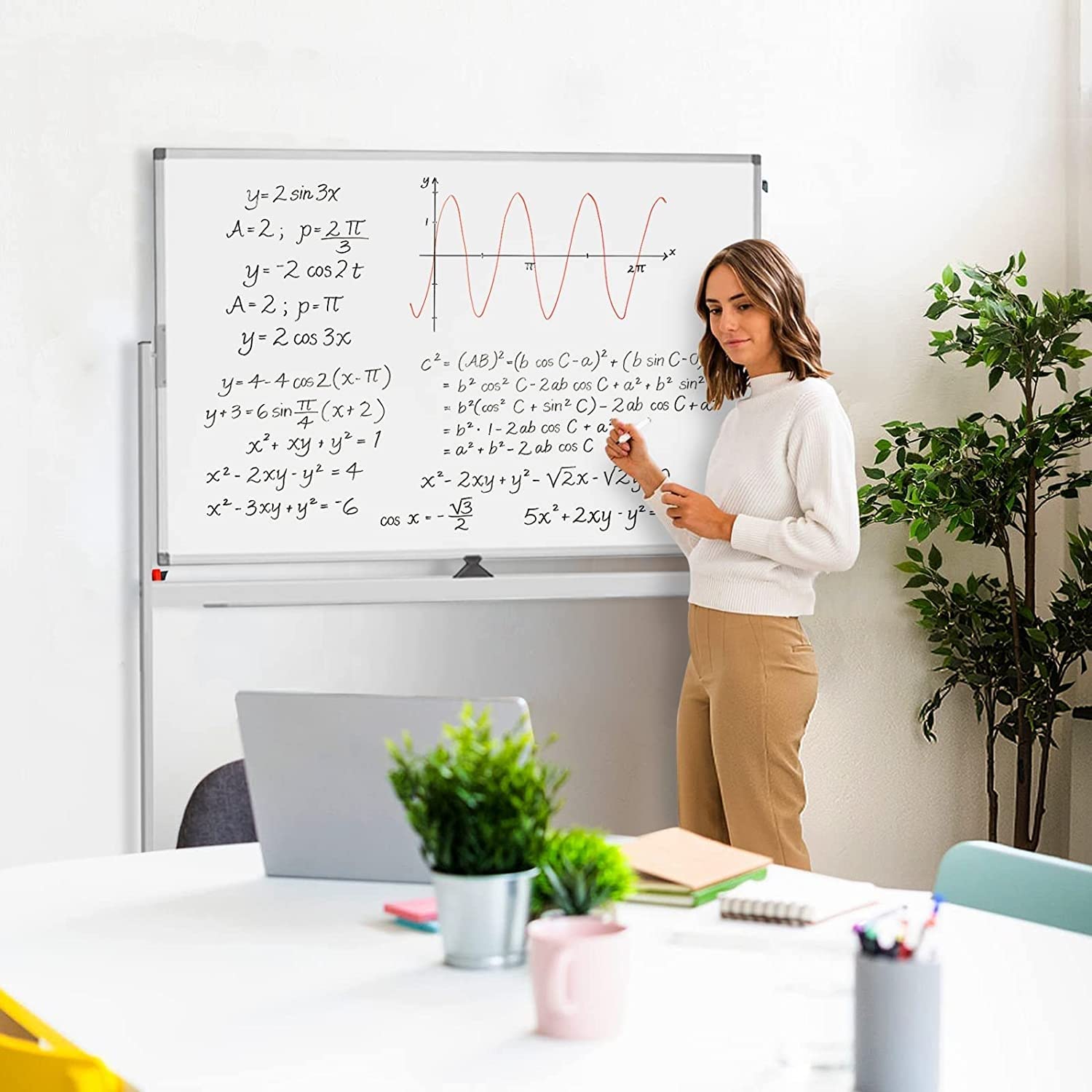 Sure, here is the corrected and grouped text from the image:

---

**Trigonometric Functions:**

1. \( y = 2 \sin 3x \)
   - \( A = 2 \); \( p = \frac{2\pi}{3} \)

2. \( y = -2 \cos 2t \)
   - \( A = 2 \); \( p = \pi \)

3. \( y = 2 \cos 3x \)

4. \( y = 4 - 4 \cos 2(x - \pi) \)
   - \( c^2 = (a^2 - b^2) \cos^2 C - 2ab \cos C + a^2 + b^2 \)
   - \( = b^2 \cos^2 C - 2ab \cos C + a^2 \)
   - \( = b^2 (1 - 2ab \cos C + a^2) \)
   - \( = a^2 + b^2 - 2ab \cos C \)

5. \( y = 3 - 6 \sin \left( x + 2 \right) \)

6. \(