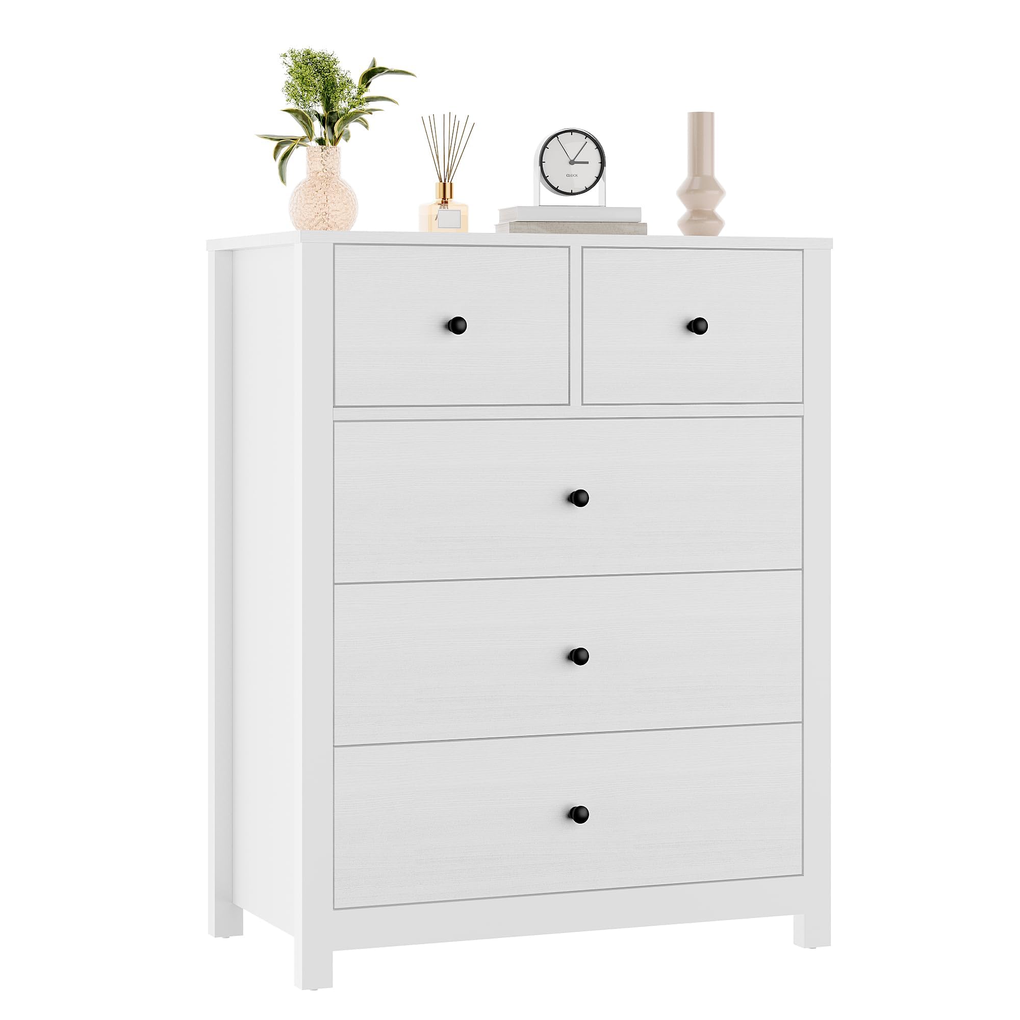 Alt View 7. GARVEE - Tall 5 Drawer Dresser, Modern Wood Chest with Deep Storage & Metal Knobs - White.