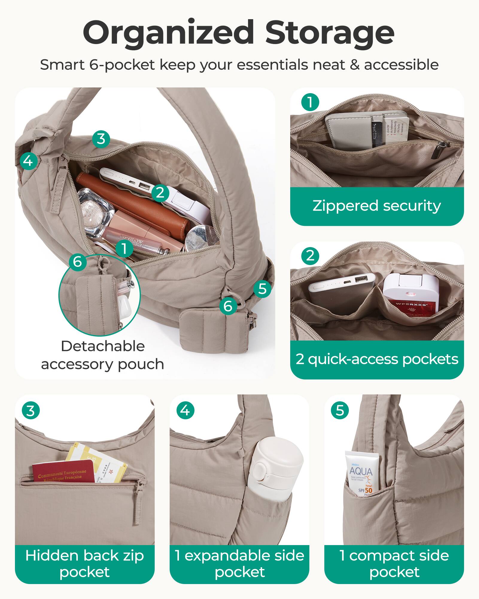 Organized Storage  
Smart 6-pocket keep your essentials neat & accessible

1. Zippered security
2. 2 quick-access pockets
3. Hidden back zip pocket
4. 1 expandable side pocket
5. 1 compact side pocket
6. Detachable accessory pouch