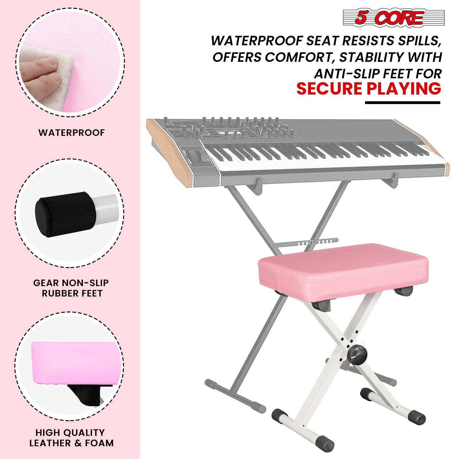5 CORE, WATERPROOF SEAT RESISTS SPILLS, OFFERS COMFORT, STABILITY WITH ANTI-SLIP FEET FOR SECURE PLAYING, WATERPROOF, GEAR NON-SLIP RUBBER FEET, HIGH QUALITY LEATHER & FOAM